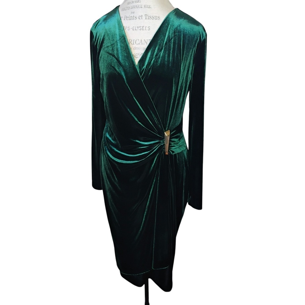Calvin Klein Dress Womens 14 Emerald Green Velvet Wrap Sheath Long Sleeve Formal